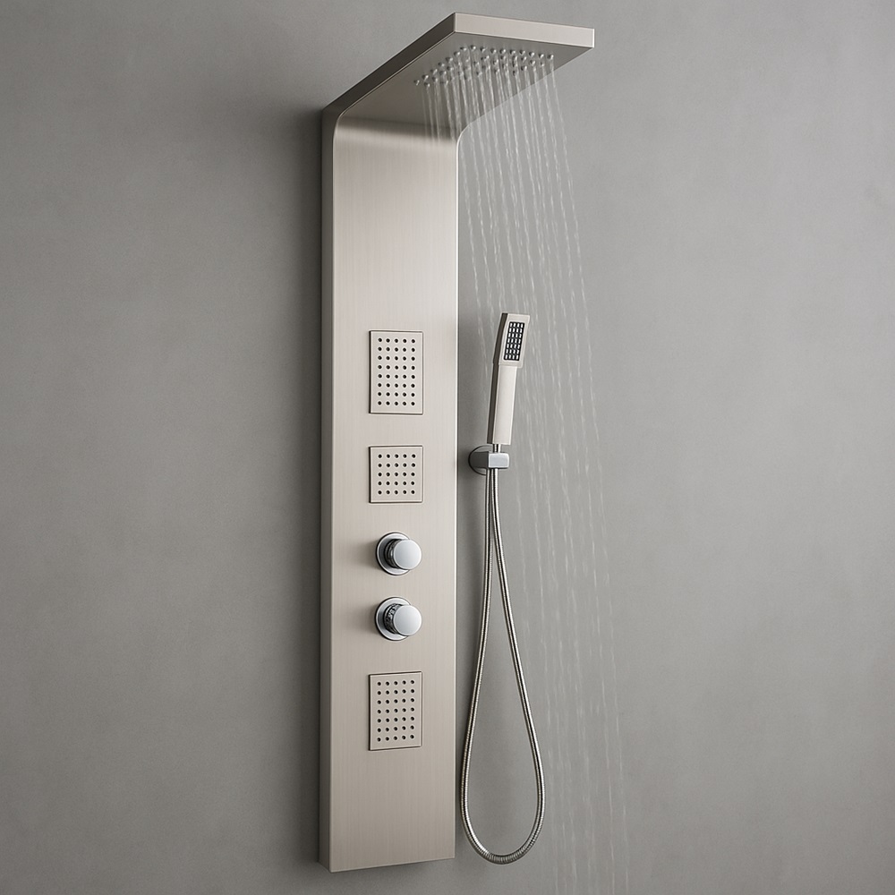 Stainless steel shower panel with integrated rain head, body jets, and handheld shower in a compact stall